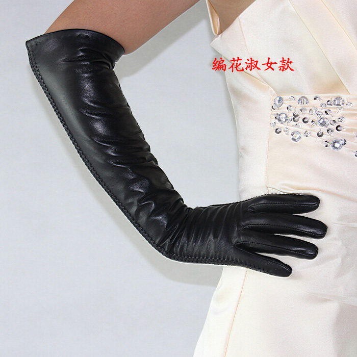 明星时尚女冬季保暖厚过肘长皮手套加长款真皮手套绵羊皮长手套