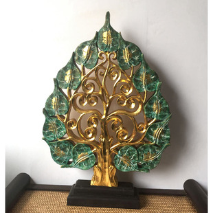 新品特惠包邮泰国工艺品实木雕刻聚财摆件开业玄关金箔菩提树摆设