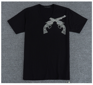 roar v领 胸口全钻大双枪 t恤短袖 嘻哈 铆钉加钻韩版日系潮牌