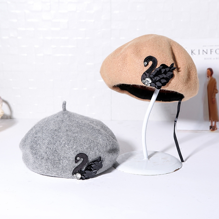 mymao欧美设计师原创天鹅优雅羊毛贝雷帽女保暖亲子款画家潮帽子