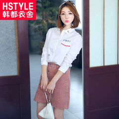 韩都衣舍2016韩版女装秋装新款印花直筒显瘦长袖衬衫JT5196