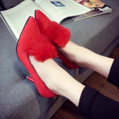 2017秋冬韩版新款女士细高跟时尚尖头毛毛鞋浅口单鞋红婚鞋