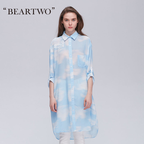 BEARTWO秋印花长款衬衫满版蓝天白云元素个性衬衫BC5M105700