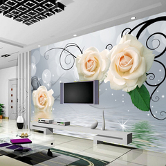 电视墙壁纸3D玫瑰倒影大型壁画墙纸卧室客厅背景墙无纺布无缝墙布