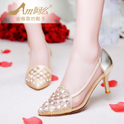 Fall 2015 the new top layer leather shines shoes with Rhinestone asakuchi mosaic pointed high heel sandals