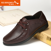 Red Dragonfly leather male openwork shoes summer 2015 new authentic lace casual perforated breathable and comfortable men's shoes