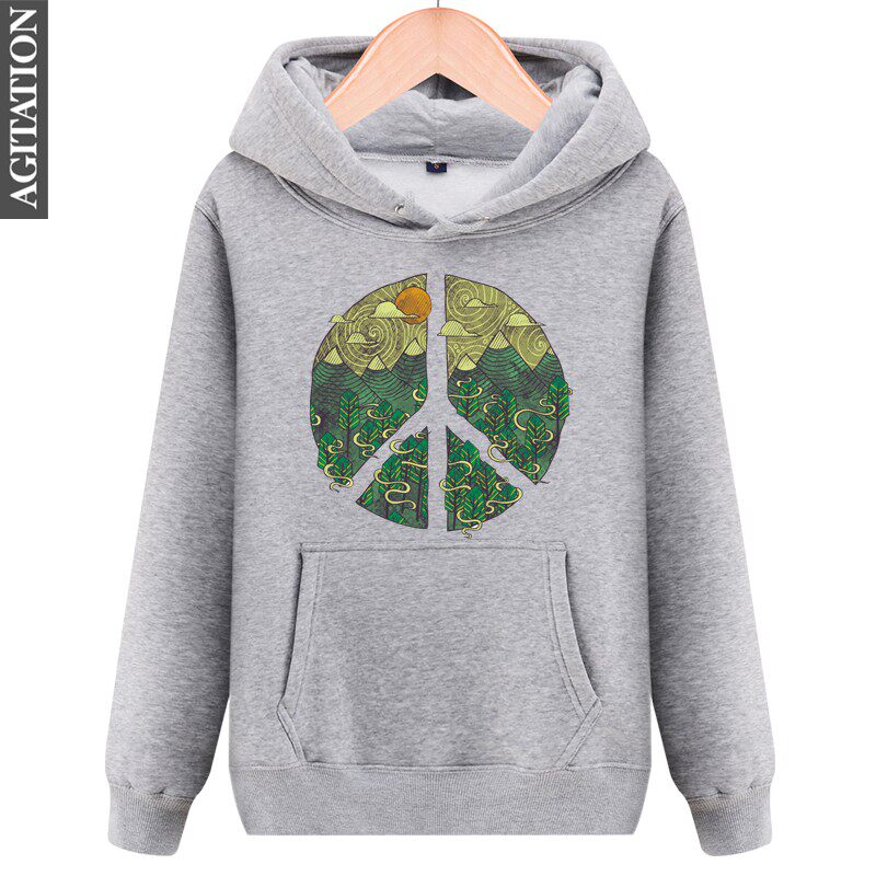 秋冬青少年学生大码男款连帽套头加绒日系潮牌卫衣和平与爱标志