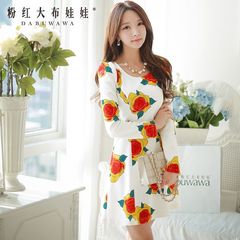 New dress big pink doll 2015 autumn white roses printed length sleeve dress women