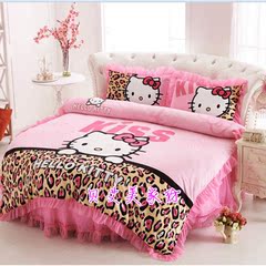 韩版粉色卡通蕾丝圆床四件套纯棉可爱KT猫女孩床裙床笠床上用品