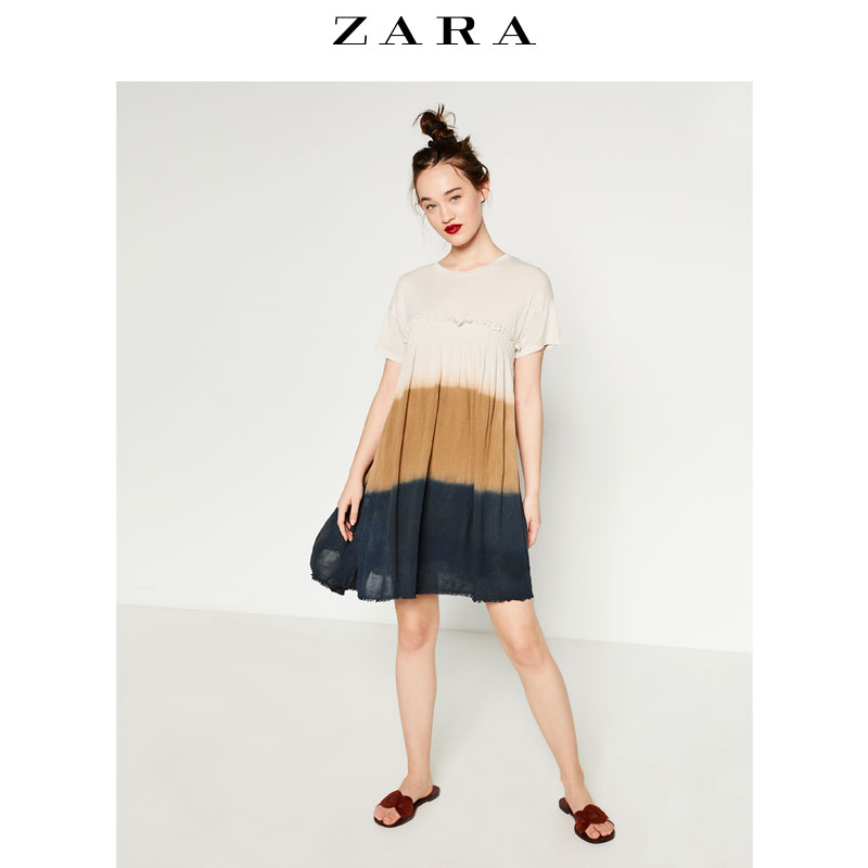 春夏折扣 ZARA 女装 扎染亚麻连衣裙 07568048711