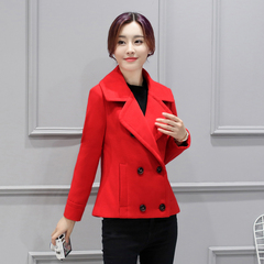 2016秋冬新款呢子外套女短款韩版修身显瘦双排扣红色加厚呢子大衣