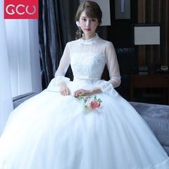 婚纱礼服2016秋冬季新款新娘结婚韩式双肩齐地立领长袖婚纱孕妇女