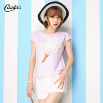 拉夏贝尔 2015夏新品 奶油色花型甜筒印花短袖圆领T恤30005741