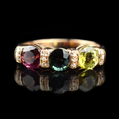 1.86克拉天然三色碧玺戒指 18k金镶钻 时尚大气