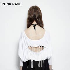 PUNK RAVE设计师品牌春季新品 朋克个性百搭露背镂空蝙蝠T恤衫女