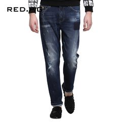 RED．P．G男装新款做旧直筒牛仔长裤贴布水洗磨破牛仔裤