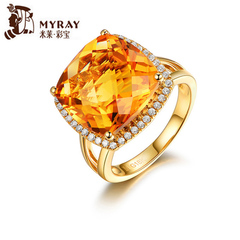 米莱珠宝 10.56克拉黄水晶黄金戒指 18K金镶钻 彩宝定制