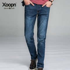 xoopn2016秋季新品微弹力裤子男 牛仔裤蓝色小脚裤男士长直筒裤