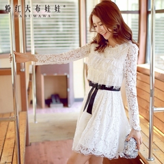 Lace dress big pink doll 2015 autumn ladies ' quality pleated white pleated long sleeve dress