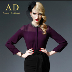 AD女士职业装时尚高端紫色性感衬衫修身镶钻雪纺衫ol衬衣秋冬女装
