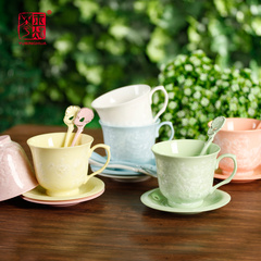 玉冰花瓷彩色田园咖啡杯套装创意陶瓷杯咖啡碟装咖啡勺 包邮