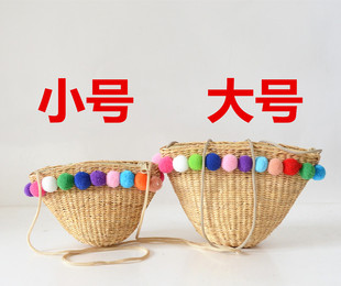 黃蜂小包 新款韓國chic代購毛球包斜挎小包黃草包女士包草編包 黃蜂包包