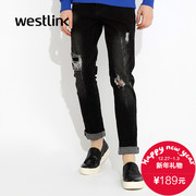 Westlink/West fall 2015 new fashion white holes black casual jeans for men pants