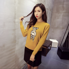 2016冬新款韩版刺绣贴布卡通毛衣女套头针织打底衫短款