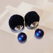 Korean version of 2016 new stylish Pearl fluffy Double-Stud Korea wild fur ball earrings