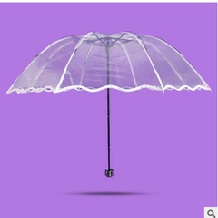 透明折叠公主波浪边韩版创意雨伞加厚加粗女生三折透视安全伞新款