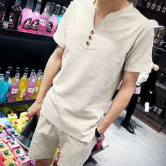 夏季爆款  修身棉麻套装   韩版亚麻短袖v领T恤麻料大码短裤套装