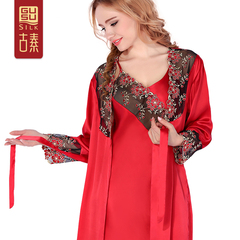 古素真丝系带睡袍吊带睡衣睡裙睡袍套装女士蕾丝绣花吊带中国红