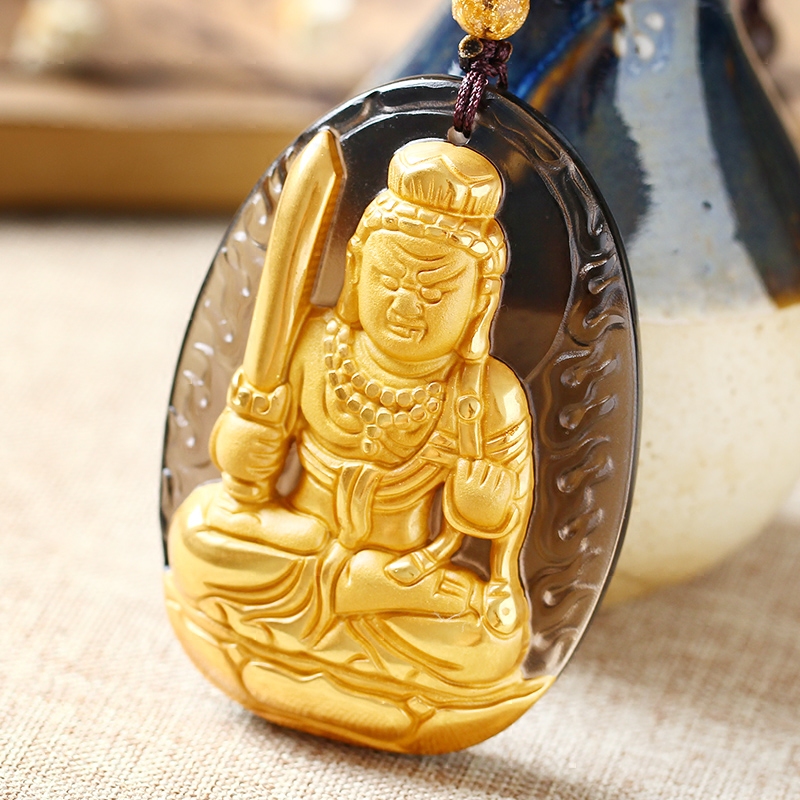 黄金冰种黑曜石不动明王不动尊菩萨生肖属鸡本命佛守护神吊坠