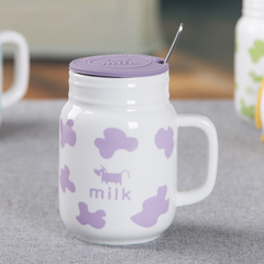 Gooka牛奶杯 创意陶瓷杯马克杯 带盖带勺饮水杯子