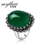 Very atmospheric Royal Thai natural green agate ring 925 Silver vintage charms