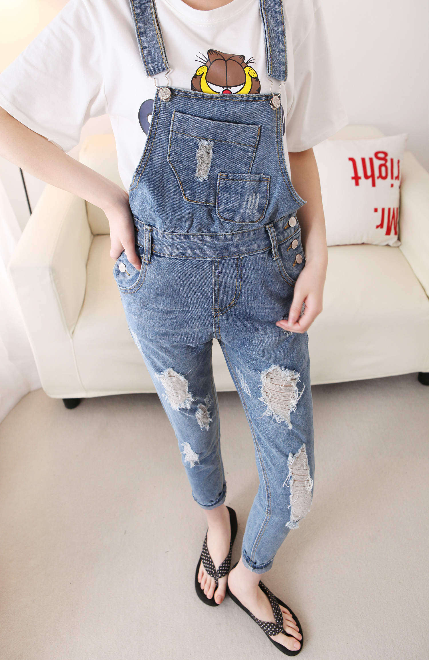 实拍春装2015新款牛仔背带裤女长裤韩版宽松破洞休闲吊带裤