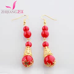 Zhijiang ear clip pierced woman-free Korea temperament red bridal earrings long drop earrings earrings wedding accessories