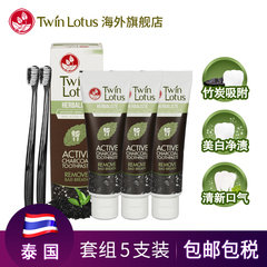 泰国TwinLotus双莲活性炭牙膏牙刷套装 牙膏3支牙刷2支 去渍美白