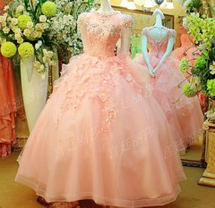 出租正品新款粉色蓬纱款新娘礼服婚礼人造丝绑带婴儿粉色