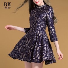 BK/缤扣a字裙秋装女装2016新款时尚收腰显瘦镶钻七分袖印花连衣裙