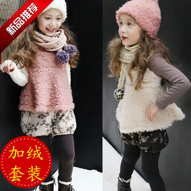 新年套装韩版童装女童套装冬儿童两件套宝宝卡通上衣裙裤加绒加厚