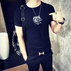 硬汉风夏装新品男士休闲短袖T恤 潮流韩版修身创意线条个性体恤衫