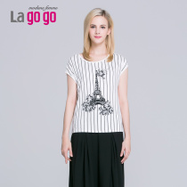 Lagogo/拉谷谷2015夏季新款修身条纹印花宽松显瘦T恤EBL792E987