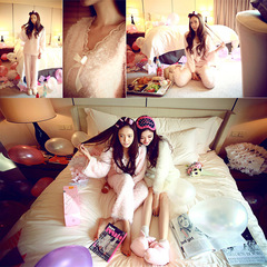 韩国秋冬天珊瑚绒睡衣法兰绒女人韩版PINK可爱纯棉长袖家居服套装