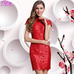 2016春夏新款女装高端大码奢华刺绣旗袍裙红色订婚宴会礼服连衣裙
