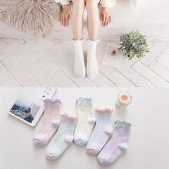 冬季珊瑚绒女袜子加厚睡眠袜竖条纹半边绒花边松口月子袜