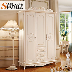 欧式衣柜三门衣橱白色实木雕花法式平拉门收纳柜1米小衣柜包邮