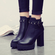 2015 new high chunky heels for fall/winter women casual boots side zipper short boots belt buckle round head short tube Martin boots