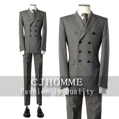 CJHOMME品牌西服灰色双排扣英伦商务修身韩版高档新郎礼服192裤
