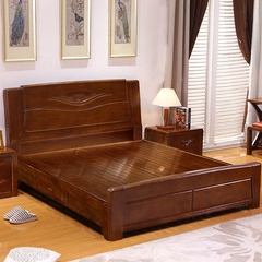 现代中式实木床1.8米 全实木双人床 1.5m高箱储物婚床雕花家具床